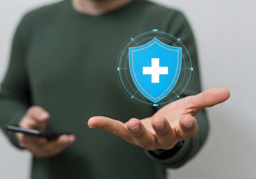 Person holding a smartphone with a glowing blue health shield icon floating above their palm