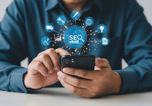 Person holding a smartphone with floating search engine optimization icons in a digital space