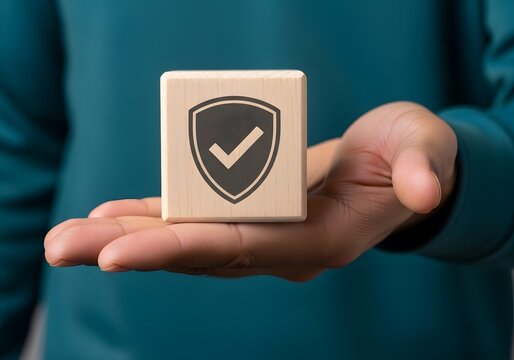 Person holding a wooden block with a shield and checkmark symbol for protection and security