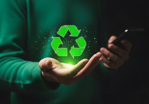 Person holding glowing green recycling symbol in palm with smartphone in background dark setting