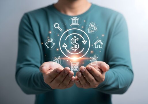 Person holding hands with floating icons representing financial planning and money management