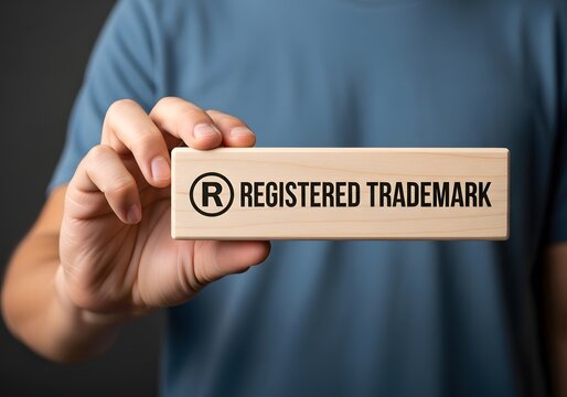 Person holding wooden block with registered trademark text symbol and copyright sign printed