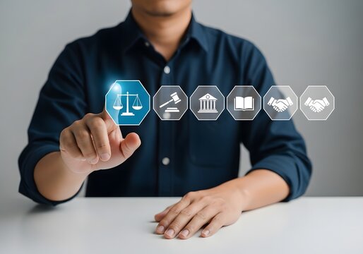 Person selecting a legal icon from a horizontal row of virtual icons on a clean workspace