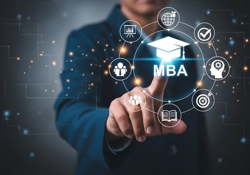 Person touches a glowing virtual mba education icon on a digital screen with various study symbols