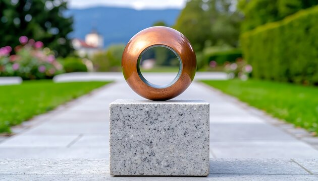 Modern copper ring sculpture on stone pedestal in garden path