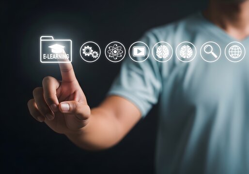 Person touching a digital e-learning interface with various educational icons in a dark room