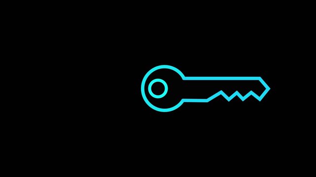 Simple cyan outline of a traditional key with a circular bow and jagged teeth set against a stark black background with ample negative space.