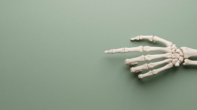 Human hand skeleton structure on sage green background for medical education and research.