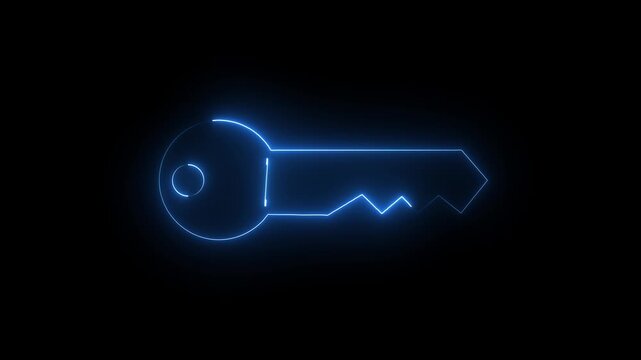 Electric blue neon glow effect outlining a key with a round head and serrated bit, isolated on a dark black background, creating a futuristic and luminous visual.