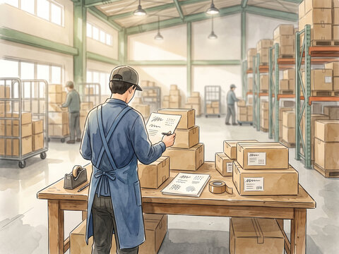 Warehouse Worker Checking Packages at Distribution Center Workstation