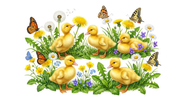 Cute yellow ducklings in spring meadow, fluffy baby ducks with butterflies and dandelions, watercolor style farm animals in garden
