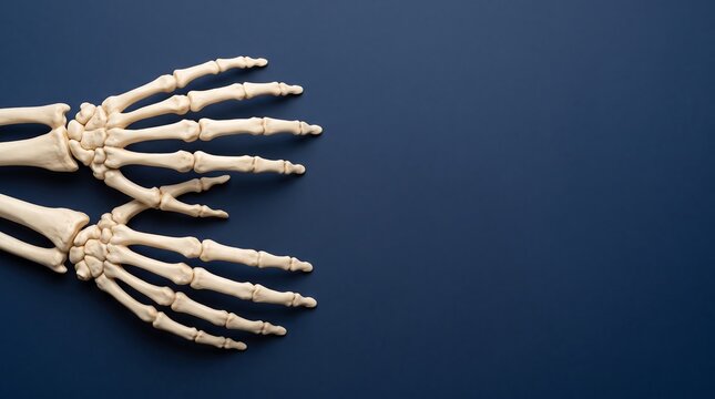 Two skeleton hands facing each other on dark blue background depicting medical science.