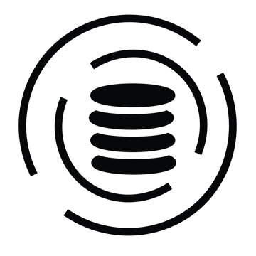 A minimalist black and white vector icon showcasing a stack of pill capsules encapsulated in dynamic circular lines, symbolising technological evolution, continuous medical research,Art & Illustration