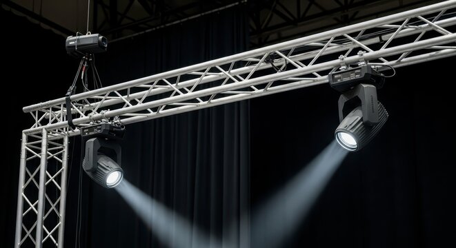 Stage lighting rig with powerful spotlights on black background.