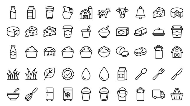 Dairy and Milk Products Outline Icon Set with Fresh Cheese Yogurt Butter Farm and Organic Food Symbols for Packaging and Web