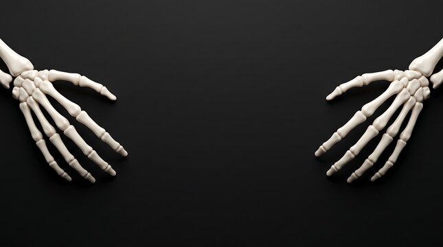 Skeletal hands reaching inward from sides over dark black background with central space.