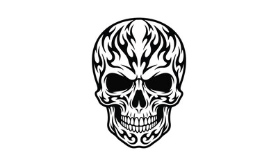 Fototapeta premium Black and White Human Skull Illustration with Tribal Flame Patterns Isolated on White Background