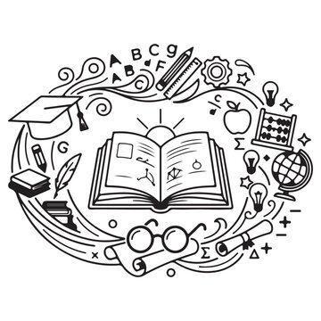 Education And Learning Concept With Open Book Graduation Cap Globe And Study Icons