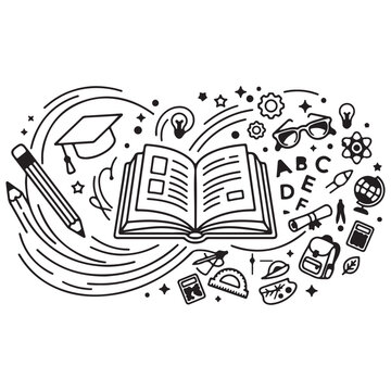 Hand-Drawn Education Illustration With Open Book, School Supplies and Learning Icons Concept