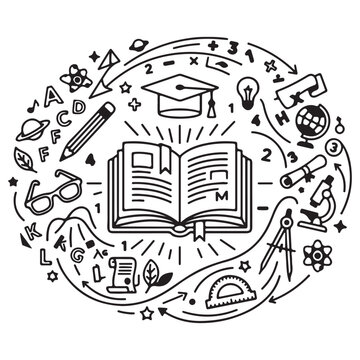 Hand-Drawn Education Concept Doodle With Open Book, Graduation Cap And Science Icons