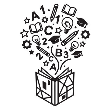 Open Book With Education Icons: Learning, Knowledge, Ideas, Study and Creative Thinking Illustration