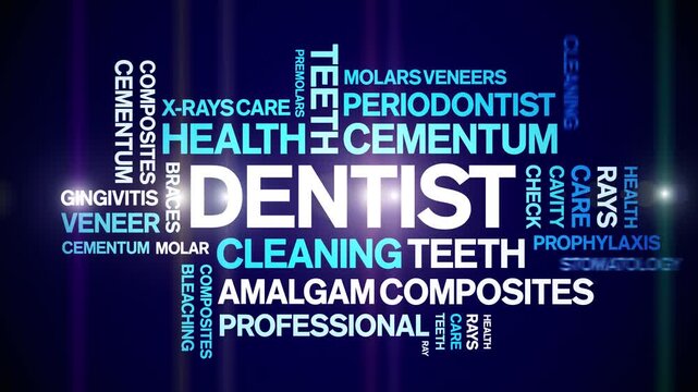 Dentist animated tag word cloud-text design animation kinetic typography seamless loop.