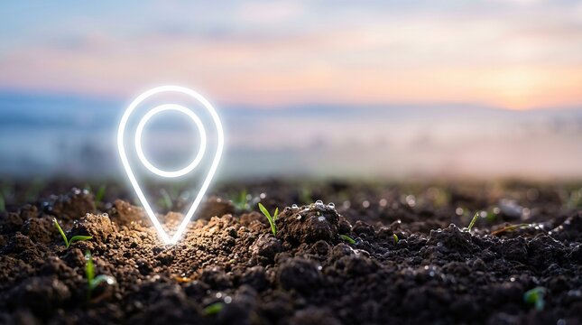 Location pin glowing on fertile soil with young sprouts, agricultural field, smart farming technology concept.
