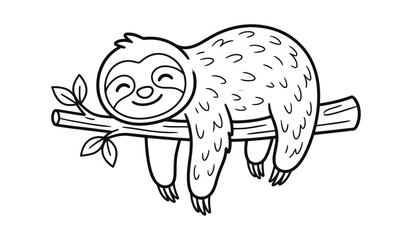 Fototapeta premium A cute hand drawn black and white illustration of a happy sloth hanging on a tree branch for coloring book pages