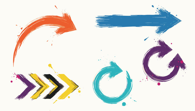 Dynamic vector graphic features five textured grunge paint stroke arrow designs in blue, orange, and purple.