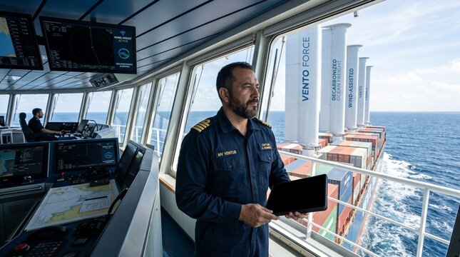 Ship captain holding tablet on bridge overlooking cargo containers.