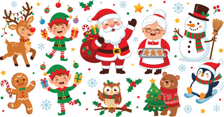 Fototapeta premium Cute Christmas Character Vector Collection featuring Santa Claus Reindeer Elves Snowman and Festive Winter Elements for Holiday Cards Stickers and Greeting Designs