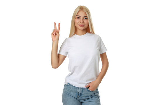 Blonde woman in a white t-shirt and jeans, isolated, PNG