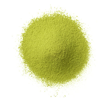 A small pile of matcha powder isolated on white background, top view.