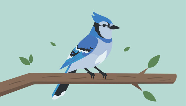 Beautiful blue jay bird perched on a wooden tree branch with green leaves, illustrated in flat vector style on pale background.