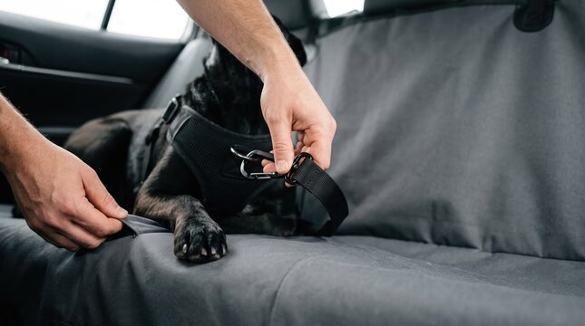 Black dog wearing harness, person securing it inside car