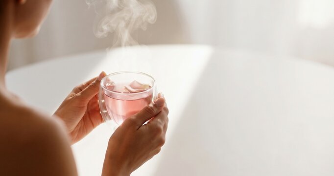 Wellness moment with woman holding steaming rose tea in bright minimalist interior, promoting daily self-care relaxation.