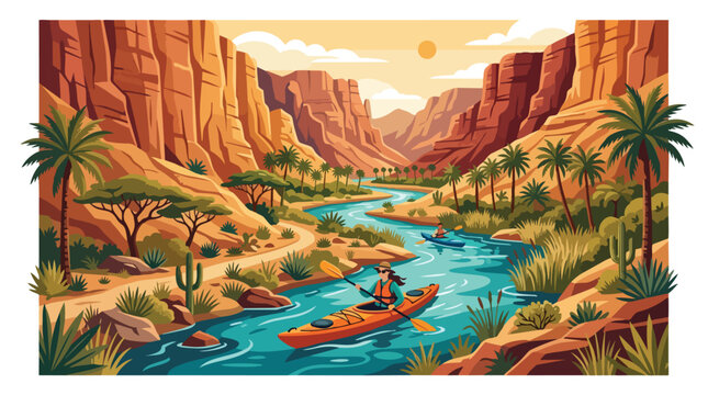A lone adventurer kayaking through a scenic desert river canyon.
