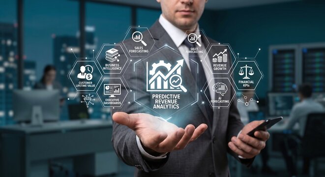 Financial executive holding a holographic predictive revenue analytics and business intelligence dashboard.