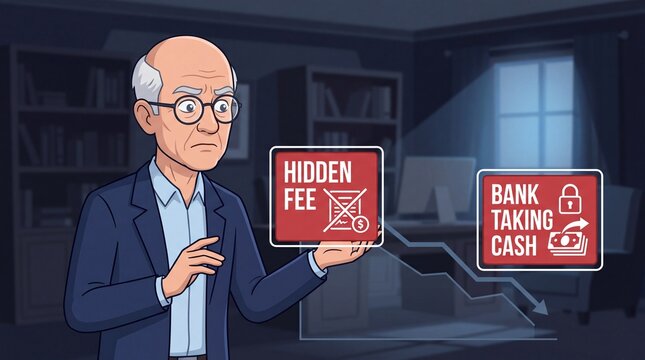 Elderly businessman stands in a dark office holding warning signs about hidden fees and declining bank balances.