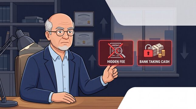 Concerned businessman sits at his office desk holding warning signs about hidden bank fees and financial cash losses.