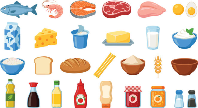 Healthy grocery food vector set with meat fish milk cheese bread condiments and dairy products