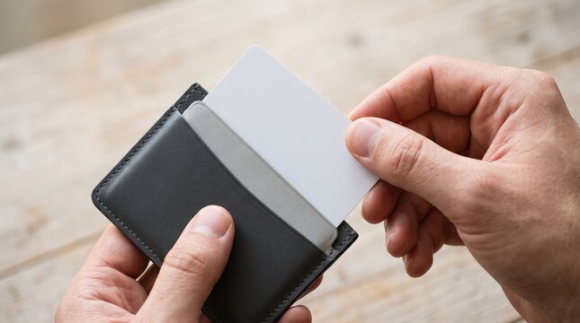 Person extracts credit card from textured leather wallet