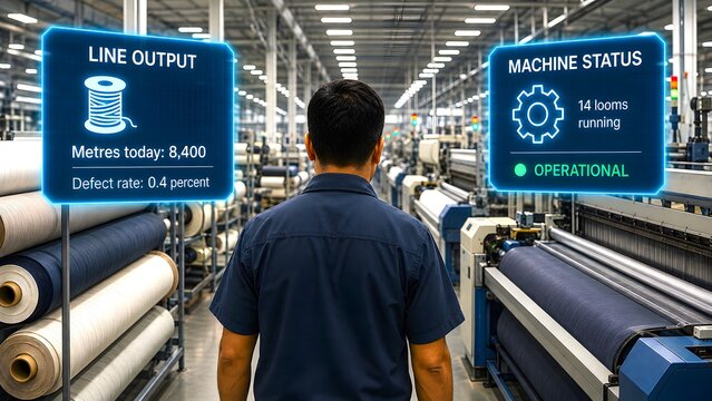 Factory worker monitoring machine output on a production line