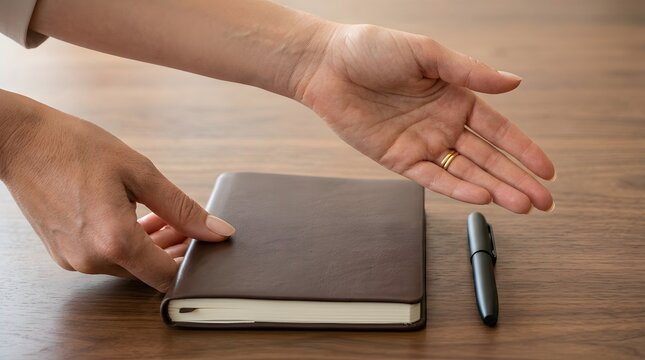 Person presenting a closed leather journal and pen on a wooden table.