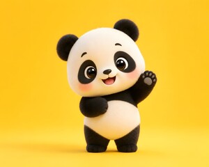 Fototapeta premium Cute cartoon panda waving on bright yellow background