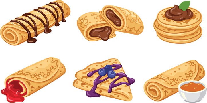 Sweet pancake and crepe vector set with delicious chocolate dessert food illustrations for cafe menus