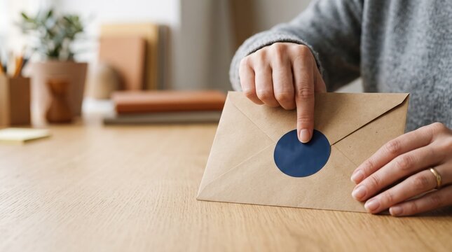 Close-up of hand sealing brown envelope with blue sticker