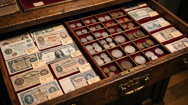 Historical Numismatics Collection of Antique World Coins and Vintage Paper Money Banknotes Organized in Wooden Display Drawer Cabinet