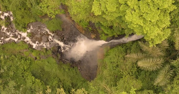 Aerial view of Tumpak Sewu Waterfall cascading through lush tropical rainforest, Kecamatan Pronojiwo, Jawa Timur, Indonesia.