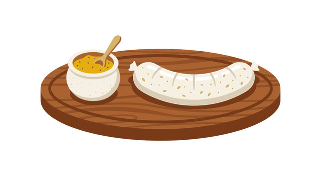 Bavarian Weisswurst white sausage with mustard on wooden board